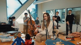Katerina Lomis, 24, performs her song "Mr Adams" at the University of Miami as part of her submission to NPR's 2026 Tiny Desk Contest.