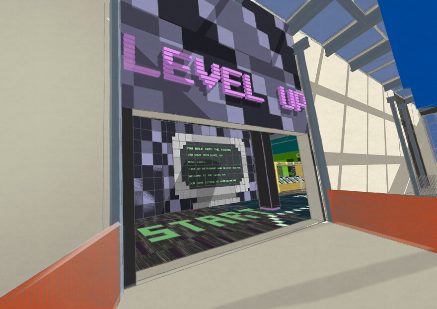 The SRendering shows the entrance to a new video game exhibit called Level Up where visitors can track their progress through a series of interactive games and exhibits. This will be part of The Strong National Museum of Play expansion, set to open in early Summer 2023.