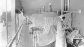 In this November 1918 photo made available by the Library of Congress, a nurse takes the pulse of a patient in the influenza ward of the Walter Reed hospital in Washington. (Harris Ewing/Library of Congress via AP)