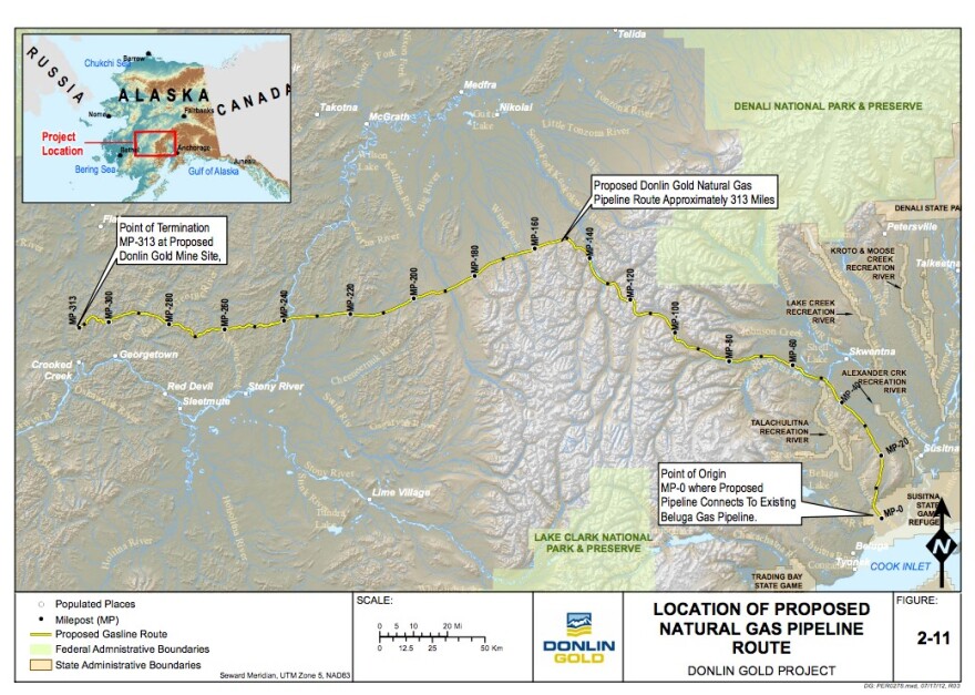 Proposed natural gas pipeline to be used by Donlin Gold facility.