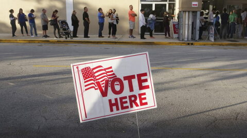 Voters line up at the Coral Ridge Mall, Tuesday, Nov. 8, 2016, at polling stations in Fort Lauderdale, Fla. (Joe Cavaretta/South Florida Sun-Sentinel via AP)
