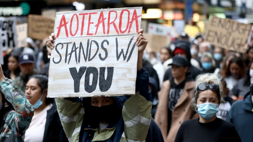 Protesters march on June 1 in Auckland, New Zealand, in solidarity with demonstrations across the United States following the killing of George Floyd. Aotearoa is the Maori name for New Zealand.