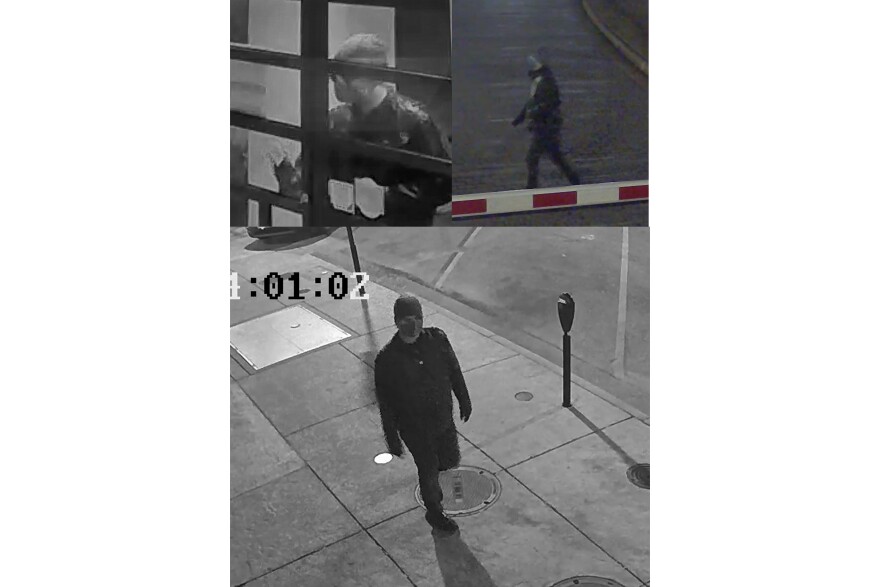 This image provided by the Alabama Law Enforcement Agency shows security camera images of a person that investigators say may have information about the detonation of an explosive device outside the Alabama attorney general's office in Montgomery, Ala., early Saturday, Feb. 24, 2024. The state agency says the device exploded at about 3:42 a.m. Saturday. No one was injured and no building damage was reported. (Alabama Law Enforcement Agency via AP)