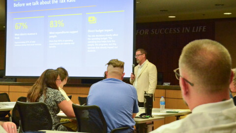 Lee's Summit Superintendent David Buck walked attendees through the school board upcoming decision on its tax rate at a September town hall meeting.