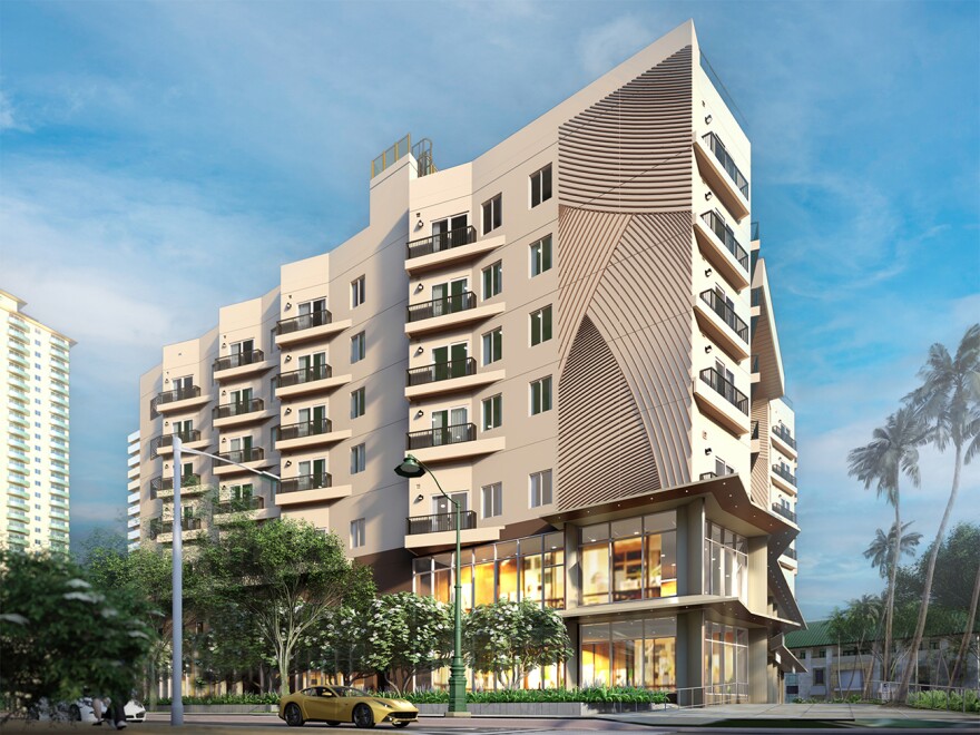 The developer's conceptual rendering of the exterior of the Marriott Vacation Club, Waikīkī.