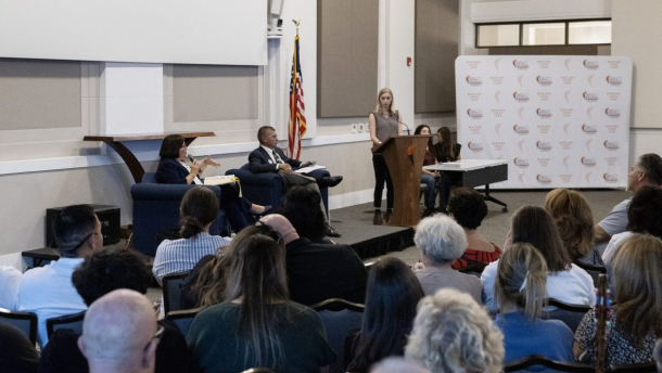 Merced County Superintendent of Schools candidates Ana Boyenga and Richard Lopez respond to questions during a debate in Merced, Calif., on Tuesday, Sept. 29, 2026.
