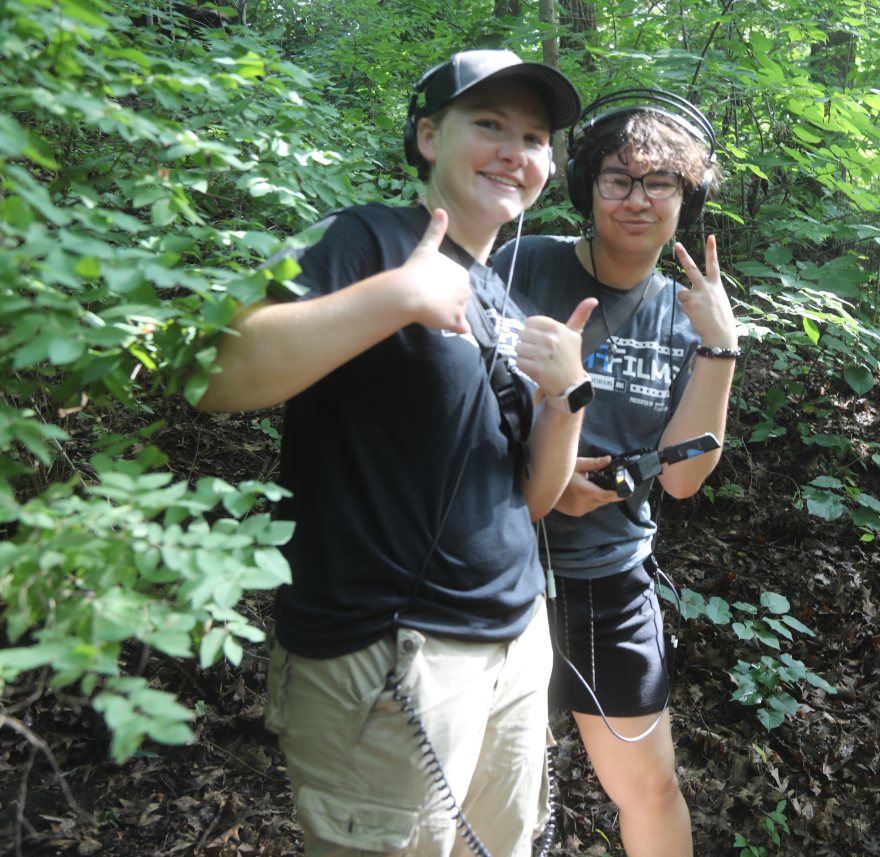 Fresh Films students Sadie Staker (left) of Cedar Rapids and Kel Lawson of Davenport have fun during the "Dearly Departed" filming.