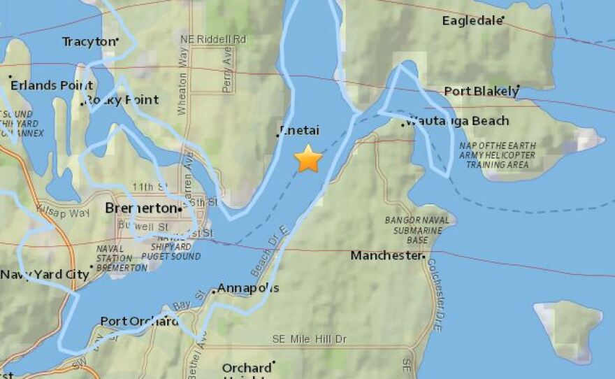 A screenshot from the U.S. Geological Survey earthquakes website shows the epicenter of a 3.4 earthquake near Bremerton, Wash., early Wednesday.