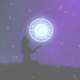 Woman lets astrology sign from her hand to the beautiful sky at night.