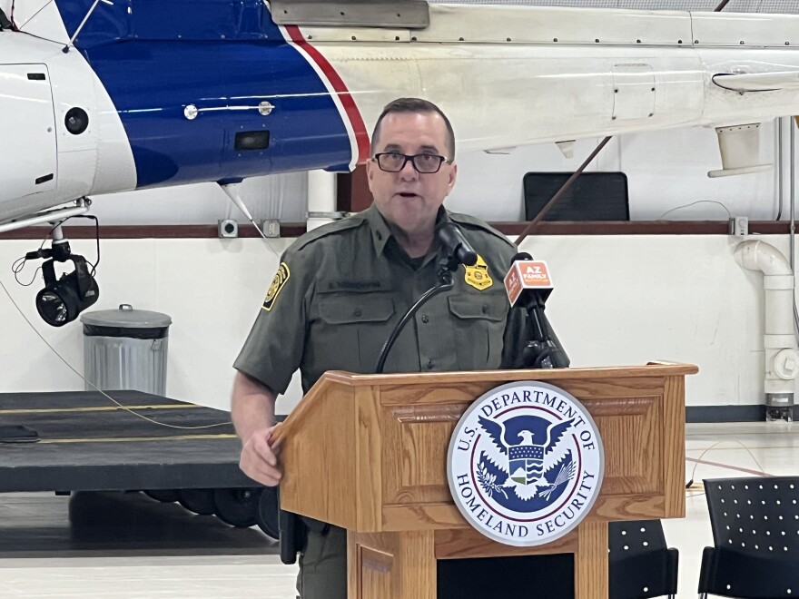 Yuma Sector Chief Patrol Agent Sean McGoffin speaks to reporters at the Yuma Air and Marine Branch headquarters on Wednesday, May 1, 2024.