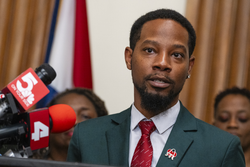 St. Louis Alderman Rasheen Aldridge is shown during a press conference at City Hall on March 5, 2024, in downtown St. Louis.