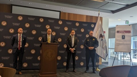 At a press conference on May 19, 2026 at the Wayne Morse U.S. Courthouse in Eugene, officials credited collaboration between local and federal law enforcement to disrupt a burglary ring targeting Asian Americans in Eugene. From left, US Attorney Scott Bradford, Lane County District Attorney Chris Parosa, Special Agent in charge of the FBI in Oregon Douglas Olson, and Eugene Police Chief Chris Skinner.