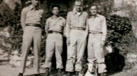 Jim Moore (from left), Tad Nagaki, Stanley Staiger, and Ray Hanchulak in August 1945. The men were part of a commando group that one month later rescued 1,400 POWs from a prison camp in China.