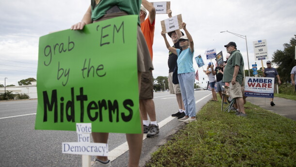 People gather along U.S. 41 in Fort Myers on Saturday morning, October 17, 2026, to advocate for change ahead of the mid-term elections. Organizers estimate about 1,000 people came out for the event.