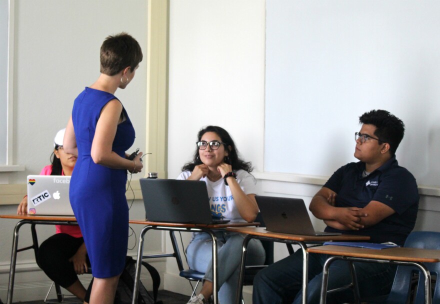 St. Mary's University students discuss code switching with Professor Meghann Peace during their Heritage Spanish class Sept. 23, 2019.