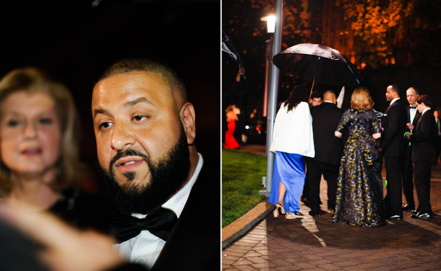 DJ Khaled and Arianna Huffington chatting with fans (L) and leaving the 102nd White House Correspondents' Association Dinner (R) on Saturday.