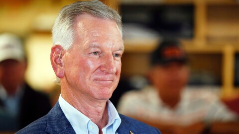 U.S. Sen. Tommy Tuberville speaks about plans to run for the governor of Alabama in 2026, on May 27, 2025, at Byron's Smokehouse in Auburn, Alabama.