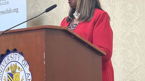 Akron Superintendent Mary Outley speaking during her annual State of the Schools speech at the Akron Press Club.