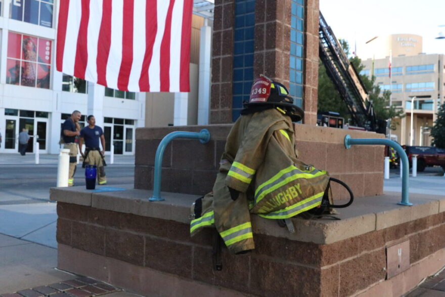Harkening to a tradition started in 2003, Albuquerque firefighters on Sept. 11, 2026, the 25th anniversary of the 9/11 terrorist attacks, donned full gear and climbed the 22-story Washington Federal Building five times to represent 110 floors — the height of the former World Trade Center’s towers. (Photo by Danielle Prokop/Source NM)