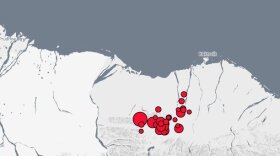 A map of the earthquake southwest of Kakotovik (the westernmost and largest circle) and subsequent aftershocks. (Image from the Alaska Earthquake Center)