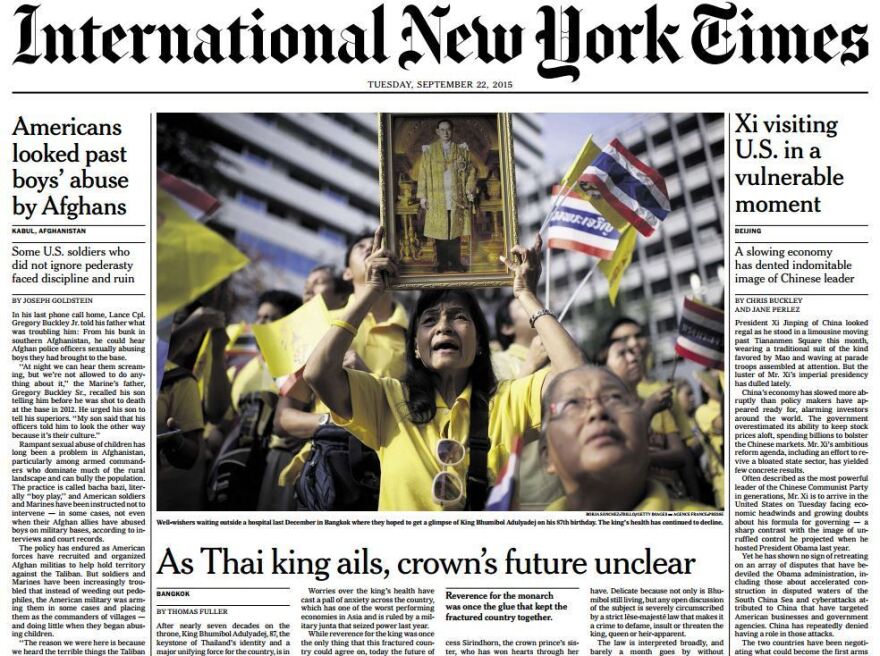 The front page of Tuesday's edition of the <em>International New York Times</em>, with a story about Thailand's king.