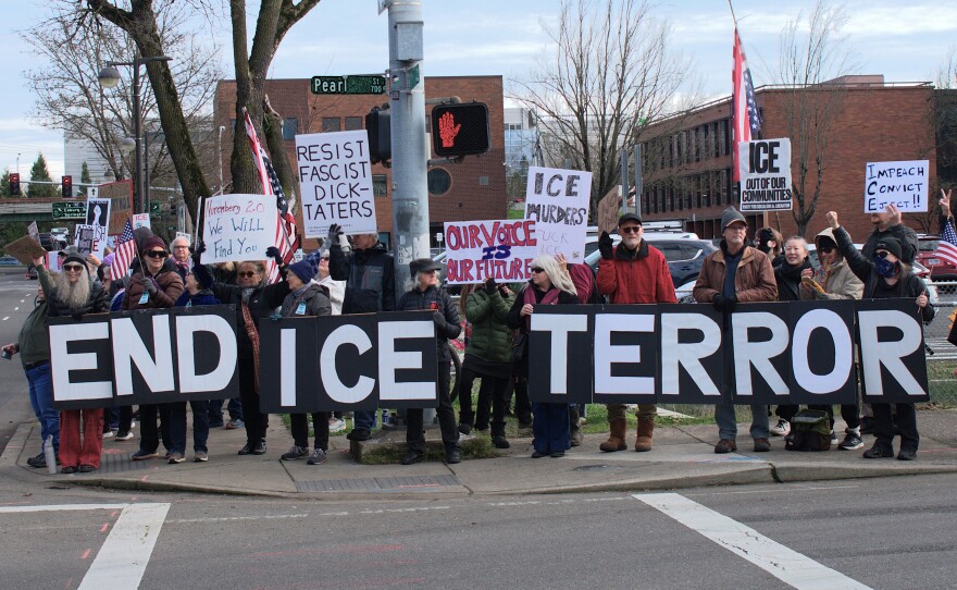 A protest at the federal building in Eugene, Jan. 10, 2026.
