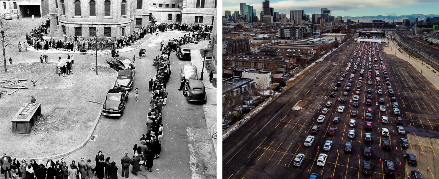 Left: Thousands of New Yorkers, on an appeal by government officials, came to city hospitals and health stations to get vaccinated against smallpox. This is a shot of the line outside Morrisania Hospital in the Bronx on April 14, 1947. Right: In this aerial view from a drone, cars line up for a mass COVID-19 vaccination event on Jan. 30, 2021 in Denver.