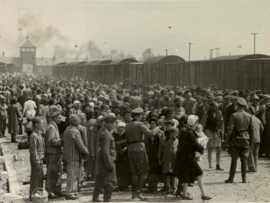 This picture released by Yad Vashem Photo Archives shows the arrival and processing of an entire transport of Jews from Carpatho-Ruthenia, a region annexed to Hungary from Czechoslovakia in 1939, at Auschwitz-Birkenau, Poland, in May 1944.