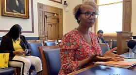 Judge Kimberly Bacon addresses an eviction listening session organized by Indiana House Democrats.