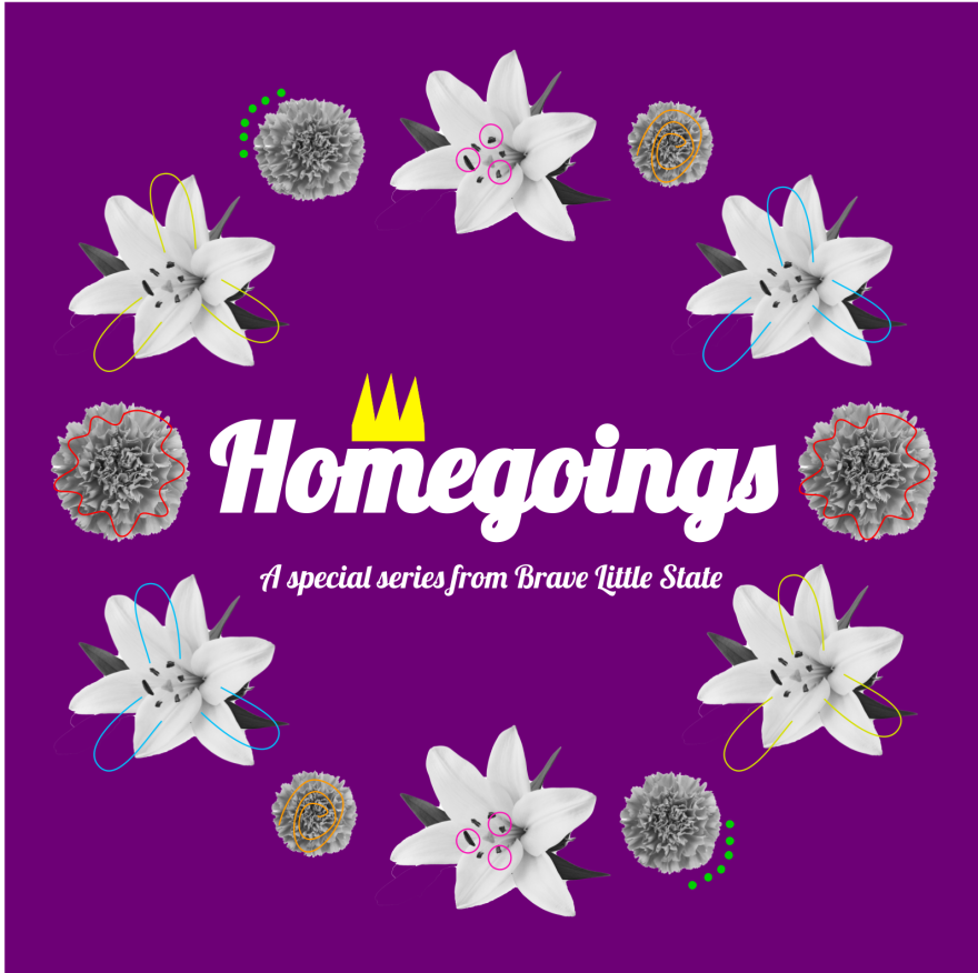 the word homegoings written in white lettering, with a yellow crown over the "m," surrounded by cutouts of black and white lilies and carnations 