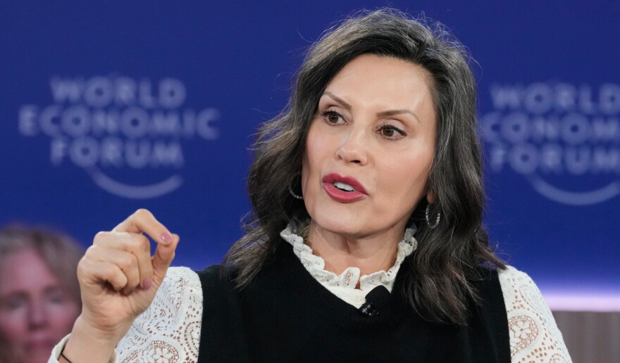 FILE - Michigan Gov. Gretchen Whitmer speaks during the Annual Meeting of the World Economic Forum in Davos, Switzerland, Jan. 21, 2026.