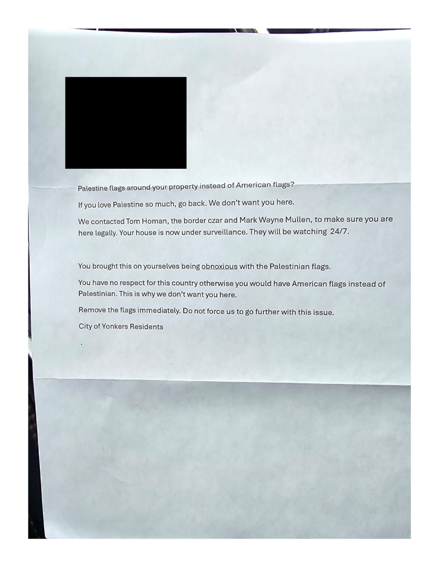 The threatening letter sent to Yonkers resident, Samir Nofal's family.