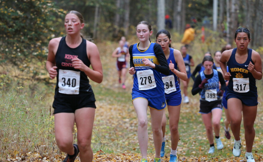 Runners compete at the ASAA cross-country running state championships in Anchorage on Oct. 3, 2026.
