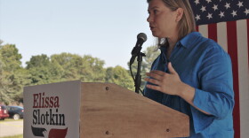 Elissa Slotkin talks to voters at a hybrid in-person, online event at the Ingham County fairgrounds. In-person attendance was around 20 people, which was limited to prevent spread of COVID-19, but 88 more people joined online. 