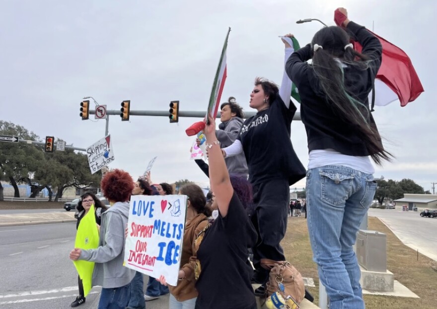 At least a hundred students walked out of O'Connor High School on Friday, Jan. 30, 2026 to protest against the recent actions of Immigration and Customs Enforcement. They walked to the intersection of Bandera and Riggs Road carrying signs and chanting.