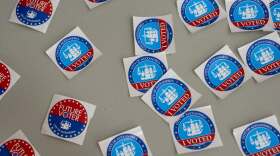 Voting stickers at Lyles-Crouch Traditional Academy during the Virginia primary election, Tuesday, Aug. 4, 2026, in Alexandria, Va.