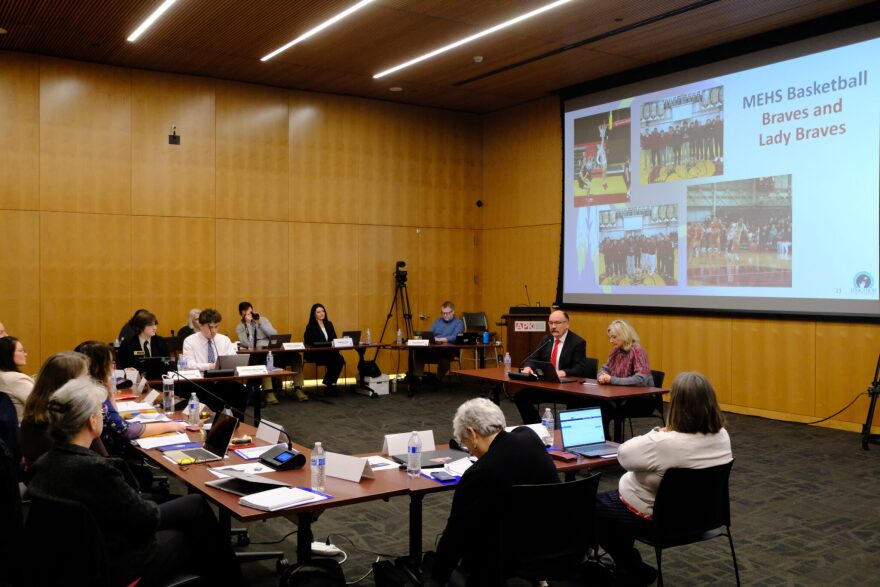 Education Commissioner Deena Bishop and David Langford, superintendent of Mt. Edgecumbe High School, give an update to the State Board of Education, which administers the state boarding school, at their annual in-person meeting in Juneau on Mar. 10, 2026.