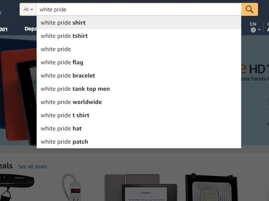 Amazon's search will automatically offer suggestions for searching "white pride."