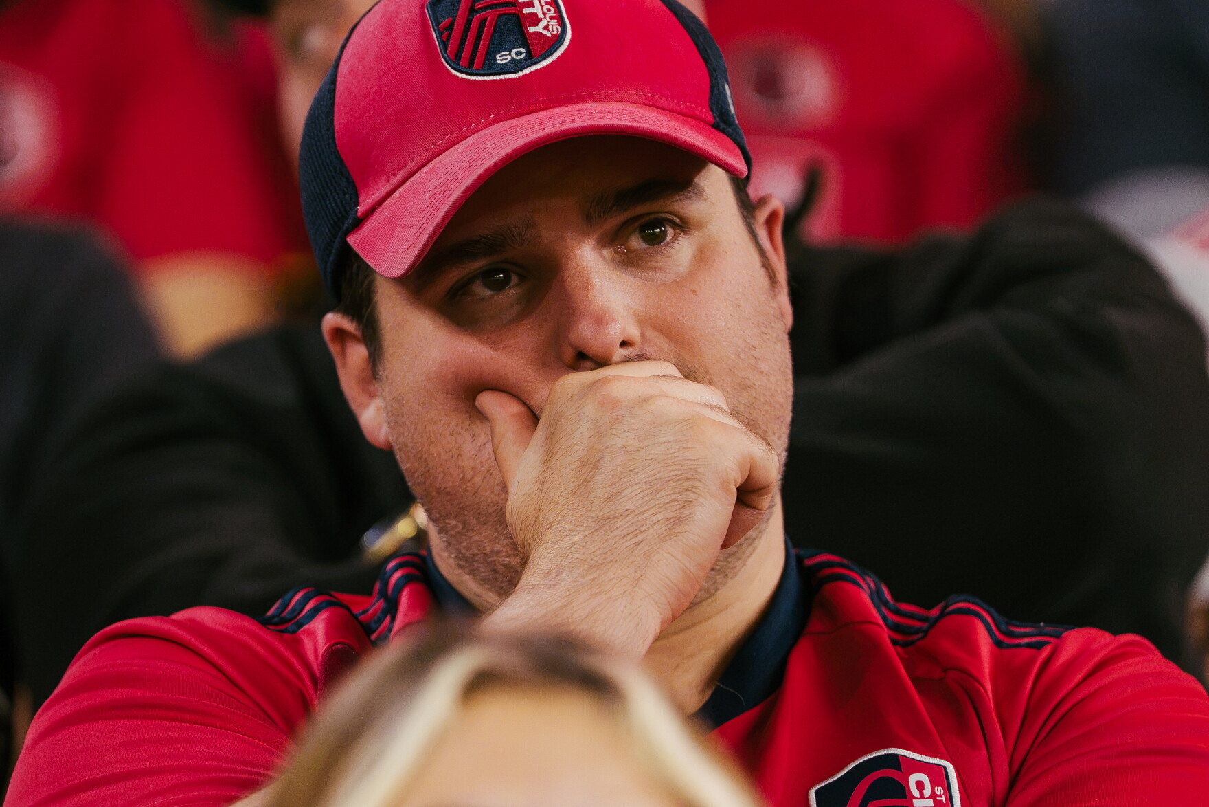 A St. Louis City SC supporter reacts in disappointment after the Portland Timbers score a goal during their match at Energizer Park on Wednesday, Oct. 28, 2026, in St. Louis’ Downtown West neighborhood.