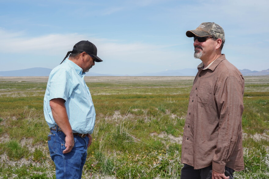 Ken Sandusky and Brian Herbert stand on land that is part of the Modoc Nation of Oklahoma's Homelands Program in Siskiyou County on April 30, 2026.