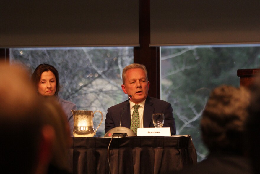 Ben Stevens, Alaska Gov. Mike Dunleavy's chief of staff, speaks at a forum at the Alaska Chamber's fall meeting in Girdwood on Tuesday, October 29, 2019. Also present was Senate President Cathy Giessel, left, and House Speaker Bryce Edgmon. (Photo by Nat Herz / Alaska Public Media)