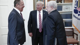 U.S. President Donald Trump meets with Russian Foreign Minister Sergey Lavrov, left, next to Russian Ambassador to the U.S. Sergei Kislyak at the White House in Washington. (AP/Russian Foreign Ministry)