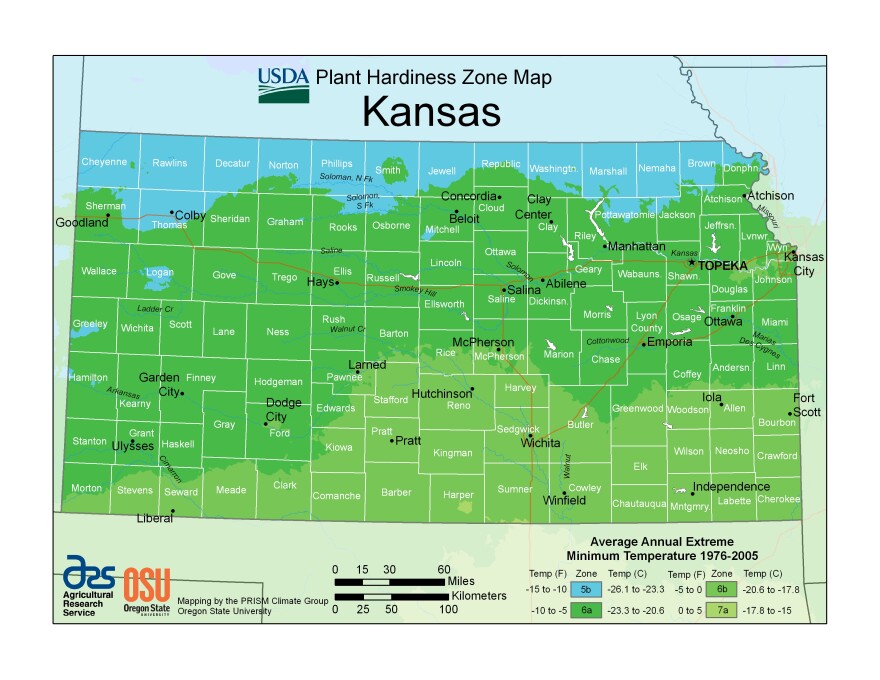 The 2012 map categorized only very small pockets of southern Kansas as zone 7a (pale green).