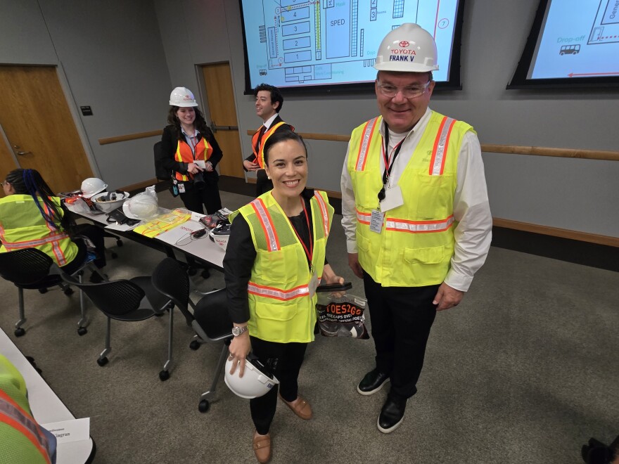 San Antonio Mayor Gina Ortiz Jones suits up in safety gear for axle plant tour with Toyota Motor Manufacturing Texas President Frank Voss on Mar. 2, 2026