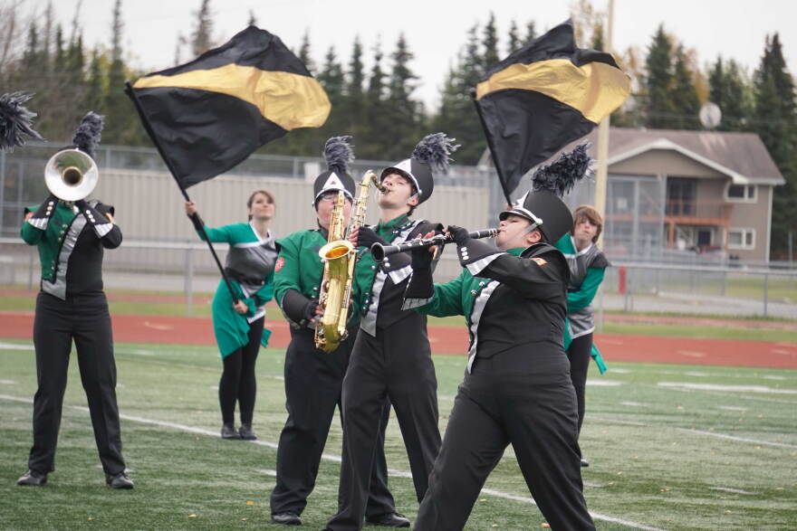 Colony High School's marching band, Thee Northern Sound, performs during the Kenai Marching Showcase at Ed Hollier Field in Kenai, Alaska, on Saturday, Oct. 3, 2026.