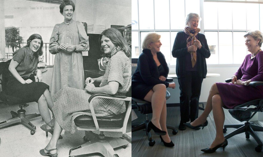 Left: Nina Totenberg (from left), Linda Wertheimer and Cokie Roberts photographed around 1979. Right: Totenberg, Wertheimer and Roberts pictured more recently at NPR headquarters.