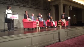 A panel discussion on regional sex trafficking featuring (left to right): Zan Brookshire, Peter Qualliotine, Dan Satterberg, Robert Beiser, David Arkless, Mar Brettman, Pete Holmes, Noel Gomez and Valiant Richey. 