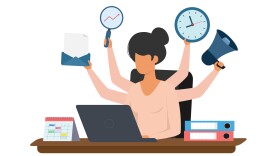 Illustration of a multitasking businesswoman.