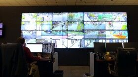 A wall of screens inside the city's real time crime center.