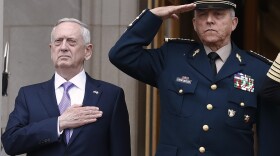 Former Defense Secretary Jim Mattis, left, and former Mexican Defense Secretary Gen. Salvador Cienfuegos Zepeda during an honor cordon at the Pentagon in 2017. Mexico cleared Cienfuegos of all charges related to drug trafficking on Thursday.